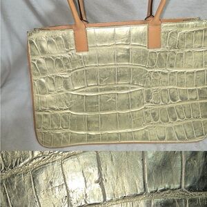 Gold Crocodile Embossed Leather Tote Bag
